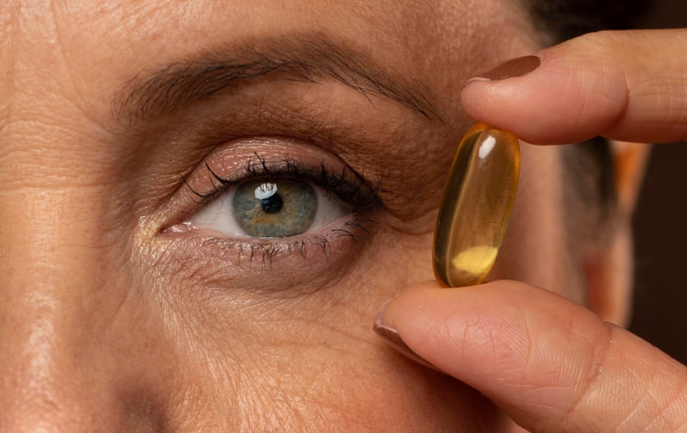 Mujer sosteniendo cápsula de colágeno